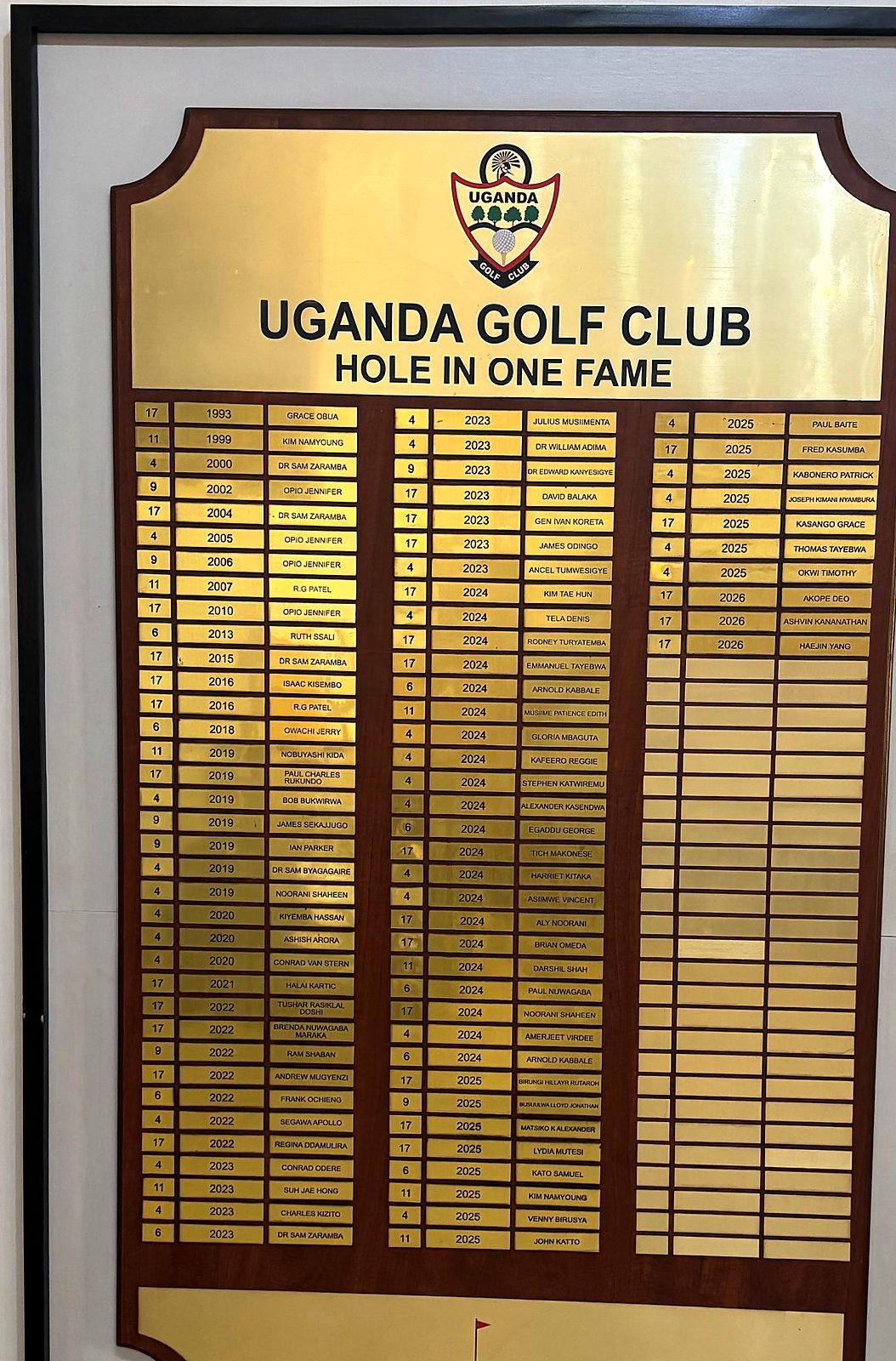 Uganda Golf Club — hole-in-one honours board